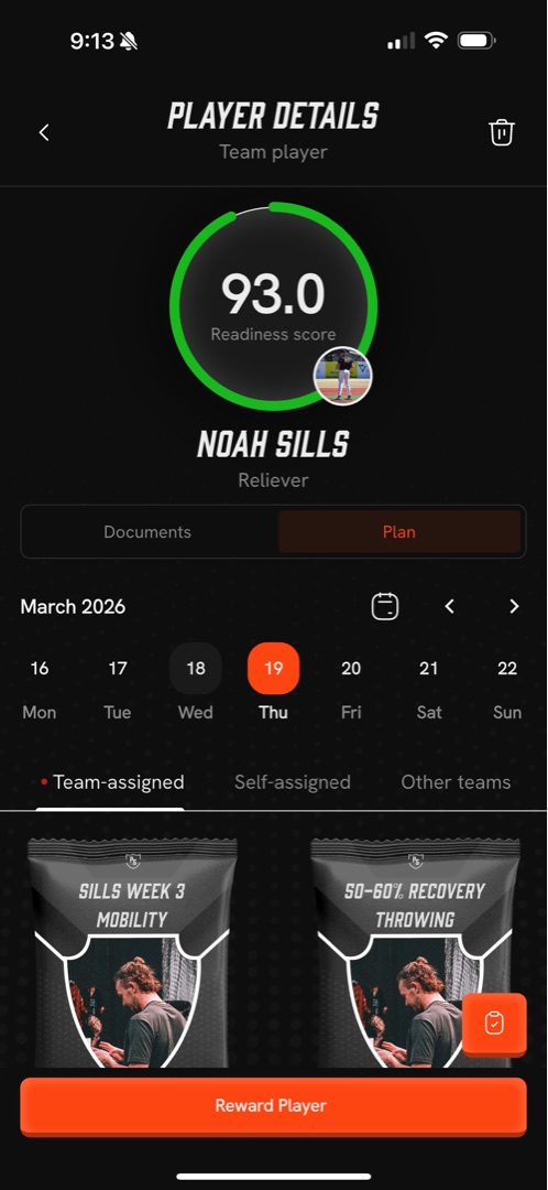 PitchSafe app showing Noah Sills player details with 93.0 readiness score, weekly training plan, and assigned workouts